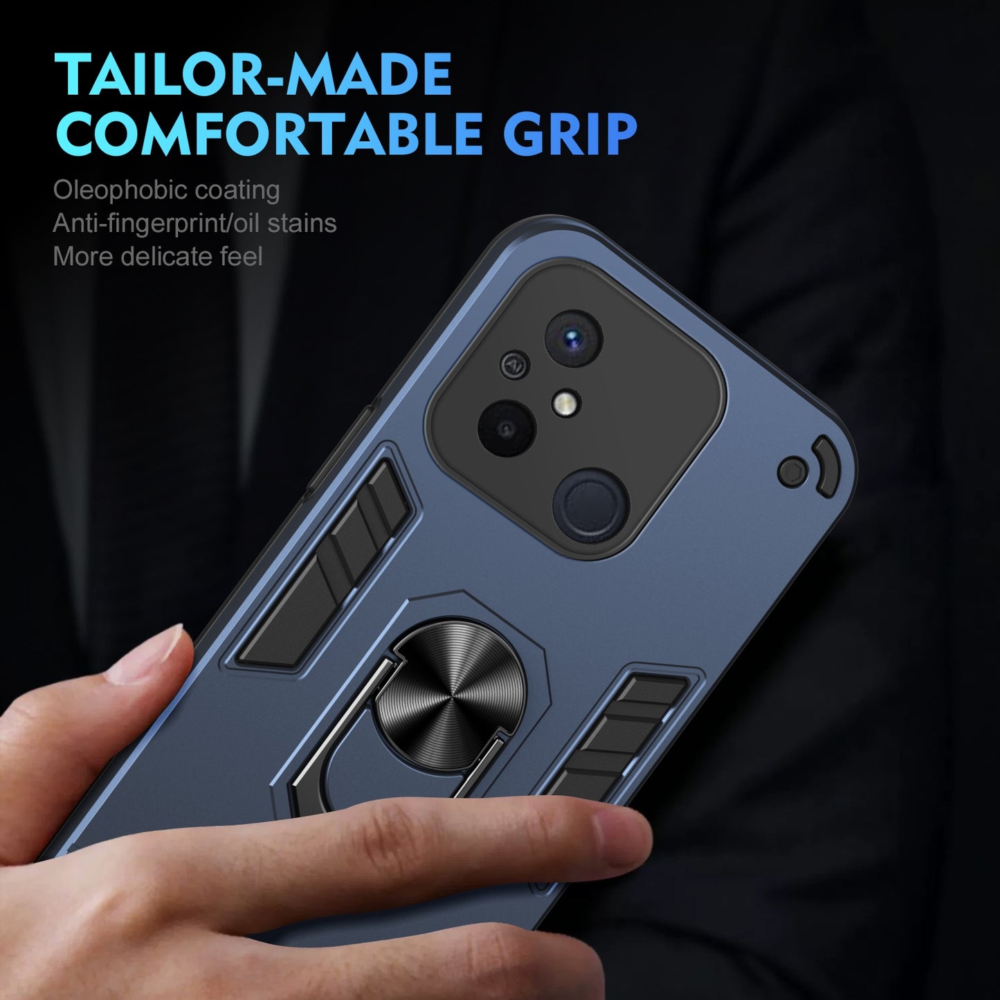 Xiaomi Redmi 12C Shockproof Metal Ring Holder Phone Case with 360 degrees Rotating Kickstand, Ultra Slim Protective Cover, Raised Camera Guard, PC Silicone Armour Shell, Anti-Scratch Back & Edge Protection