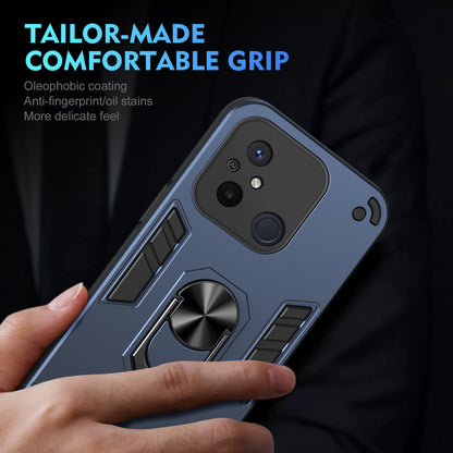 Xiaomi Redmi 12C Shockproof Metal Ring Holder Phone Case with 360 degrees Rotating Kickstand, Ultra Slim Protective Cover, Raised Camera Guard, PC Silicone Armour Shell, Anti-Scratch Back & Edge Protection