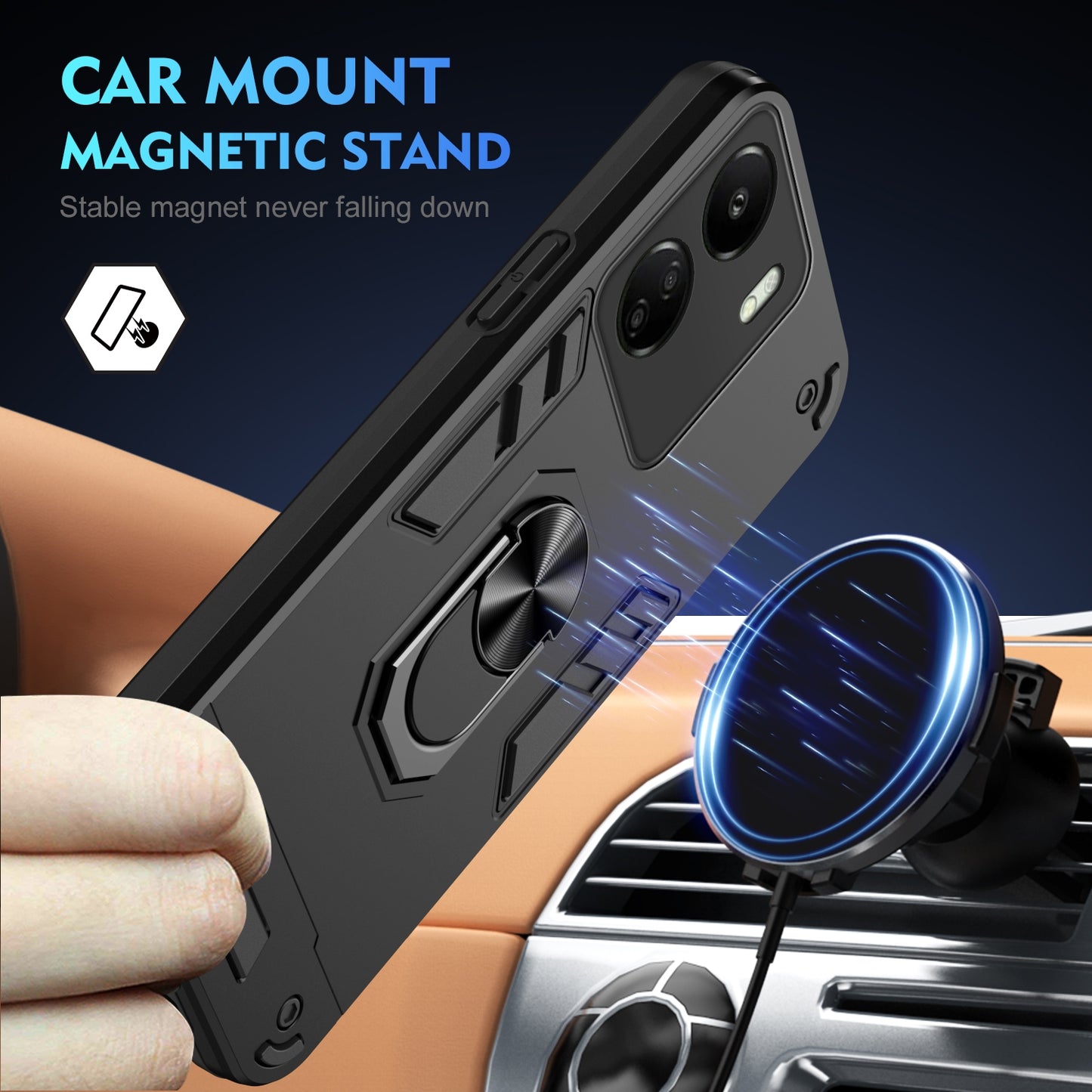 Xiaomi Redmi 13C Shockproof Metal Ring Holder Phone Case with 360 degrees Rotating Kickstand, Ultra Slim Protective Cover, Raised Camera Guard, PC Silicone Armour Shell, Anti-Scratch Back & Edge Protection
