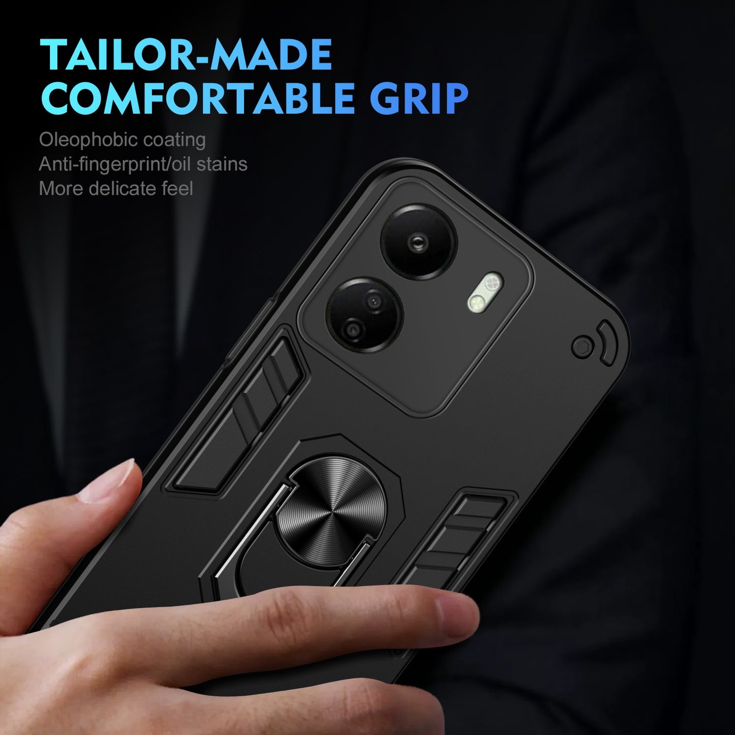 Xiaomi Redmi 13C Shockproof Metal Ring Holder Phone Case with 360 degrees Rotating Kickstand, Ultra Slim Protective Cover, Raised Camera Guard, PC Silicone Armour Shell, Anti-Scratch Back & Edge Protection
