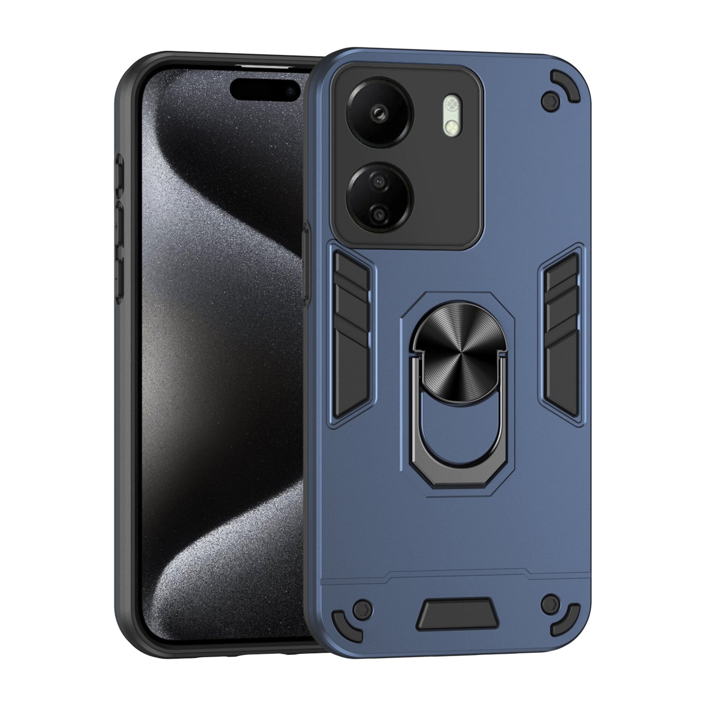 Xiaomi Redmi 13C Shockproof Metal Ring Holder Phone Case with 360 degrees Rotating Kickstand, Ultra Slim Protective Cover, Raised Camera Guard, PC Silicone Armour Shell, Anti-Scratch Back & Edge Protection