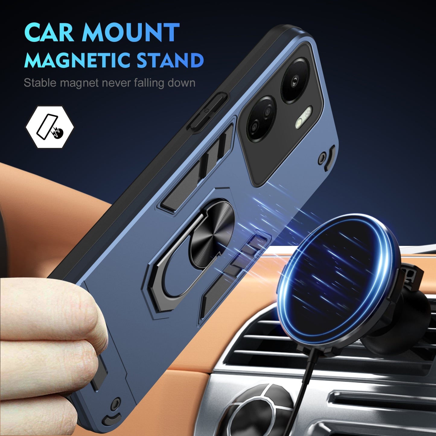 Xiaomi Redmi 13C Shockproof Metal Ring Holder Phone Case with 360 degrees Rotating Kickstand, Ultra Slim Protective Cover, Raised Camera Guard, PC Silicone Armour Shell, Anti-Scratch Back & Edge Protection