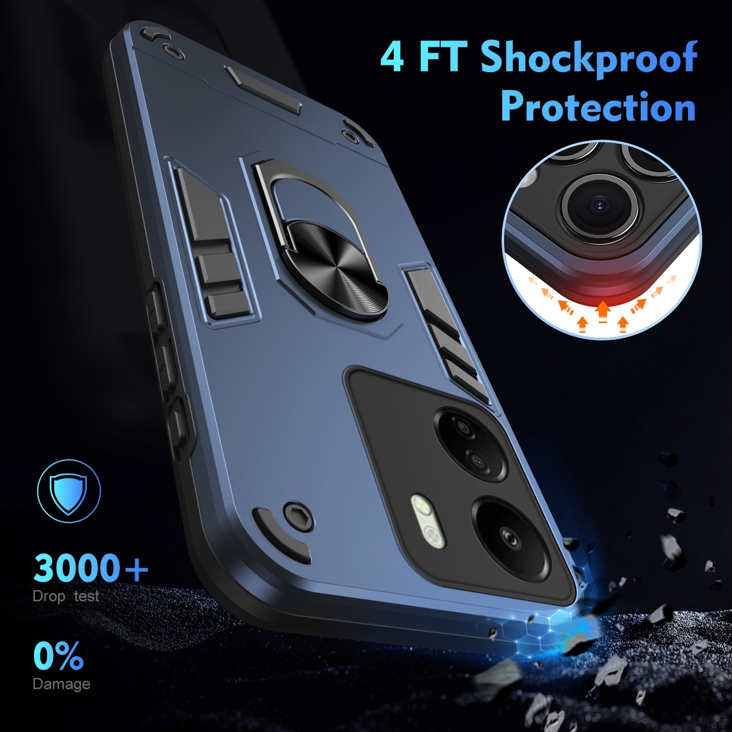 Xiaomi Redmi 13C Shockproof Metal Ring Holder Phone Case with 360 degrees Rotating Kickstand, Ultra Slim Protective Cover, Raised Camera Guard, PC Silicone Armour Shell, Anti-Scratch Back & Edge Protection