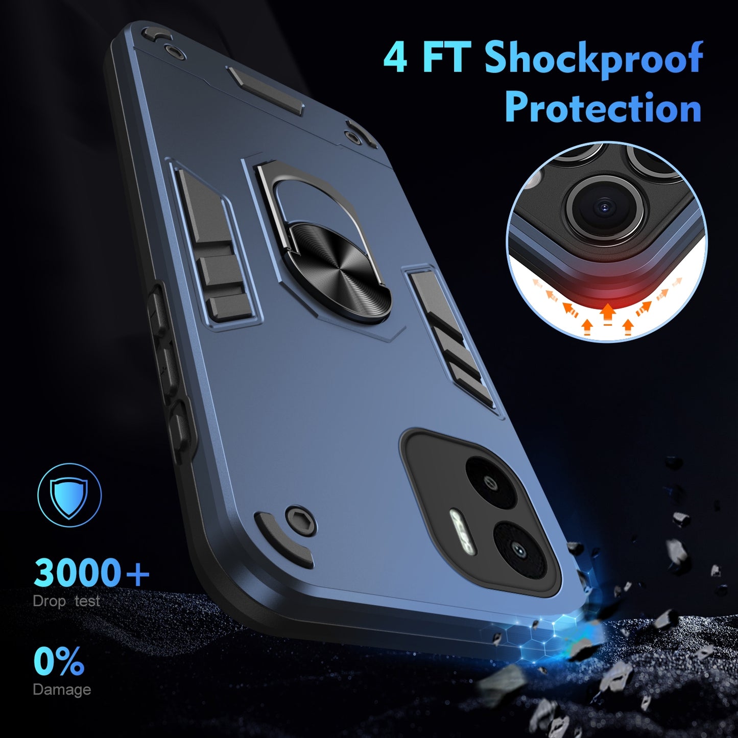 Xiaomi Redmi A1 Shockproof Metal Ring Holder Phone Case with 360 degrees Rotating Kickstand, Ultra Slim Protective Cover, Raised Camera Guard, PC Silicone Armour Shell, Anti-Scratch Back & Edge Protection