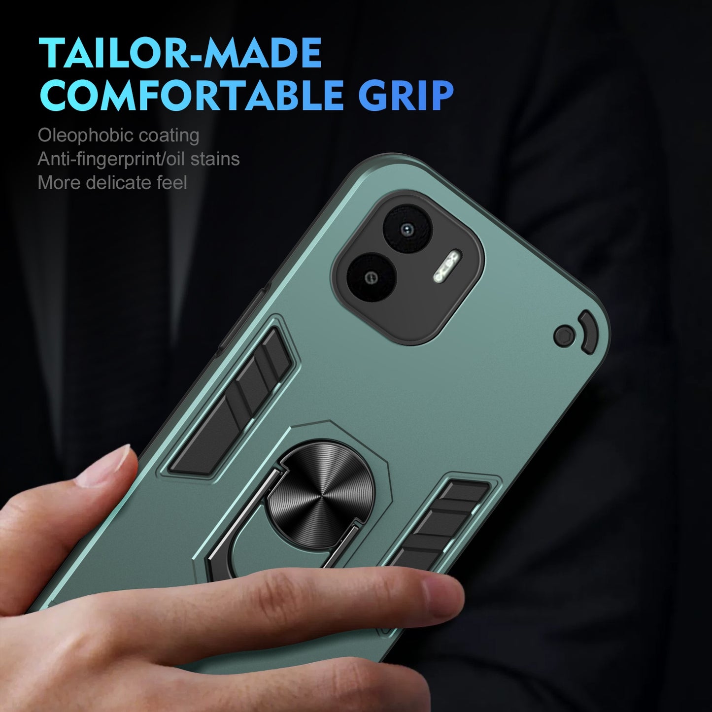 Xiaomi Redmi A1 Shockproof Metal Ring Holder Phone Case with 360 degrees Rotating Kickstand, Ultra Slim Protective Cover, Raised Camera Guard, PC Silicone Armour Shell, Anti-Scratch Back & Edge Protection