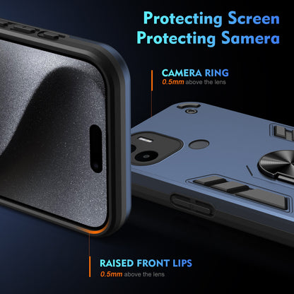 Xiaomi Redmi A1+ Shockproof Metal Ring Holder Phone Case with 360 degrees Rotating Kickstand, Ultra Slim Protective Cover, Raised Camera Guard, PC Silicone Armour Shell, Anti-Scratch Back & Edge Protection