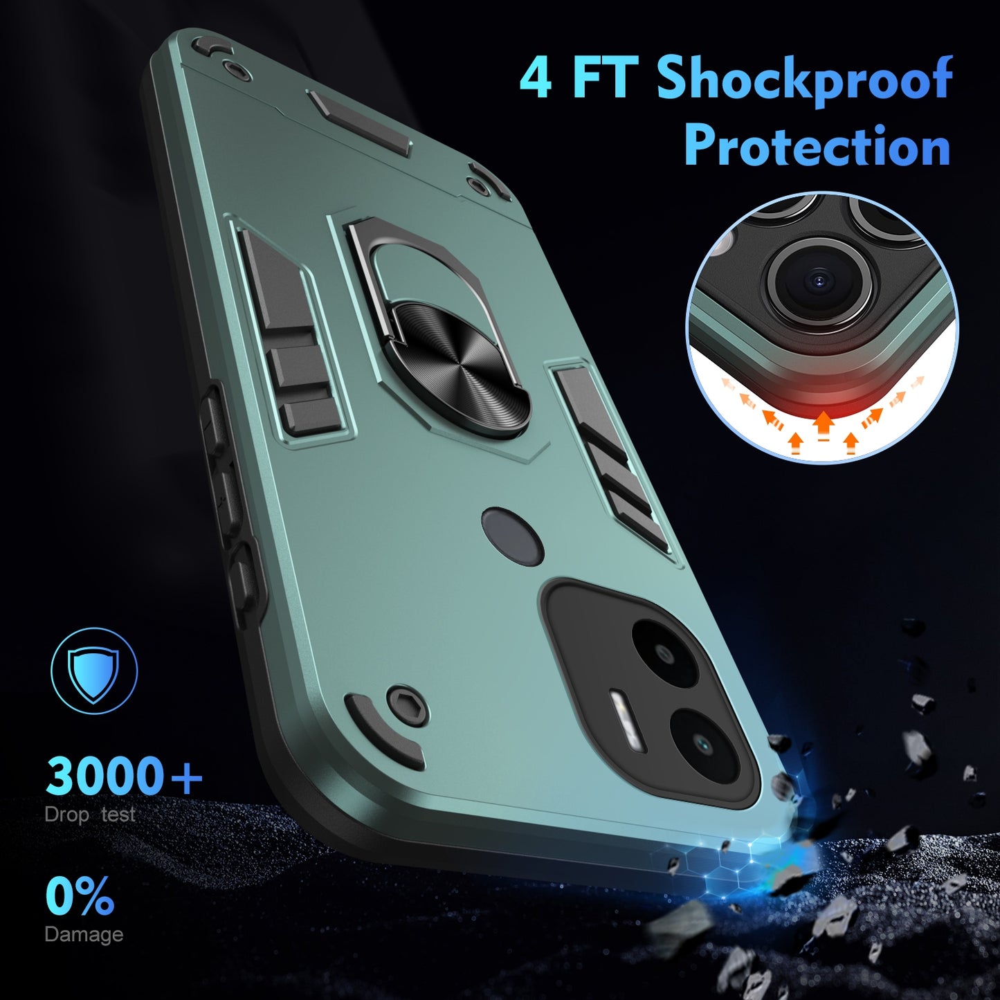 Xiaomi Redmi A1+ Shockproof Metal Ring Holder Phone Case with 360 degrees Rotating Kickstand, Ultra Slim Protective Cover, Raised Camera Guard, PC Silicone Armour Shell, Anti-Scratch Back & Edge Protection