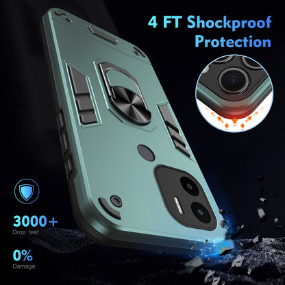 Xiaomi Redmi A1+ Shockproof Metal Ring Holder Phone Case with 360 degrees Rotating Kickstand, Ultra Slim Protective Cover, Raised Camera Guard, PC Silicone Armour Shell, Anti-Scratch Back & Edge Protection