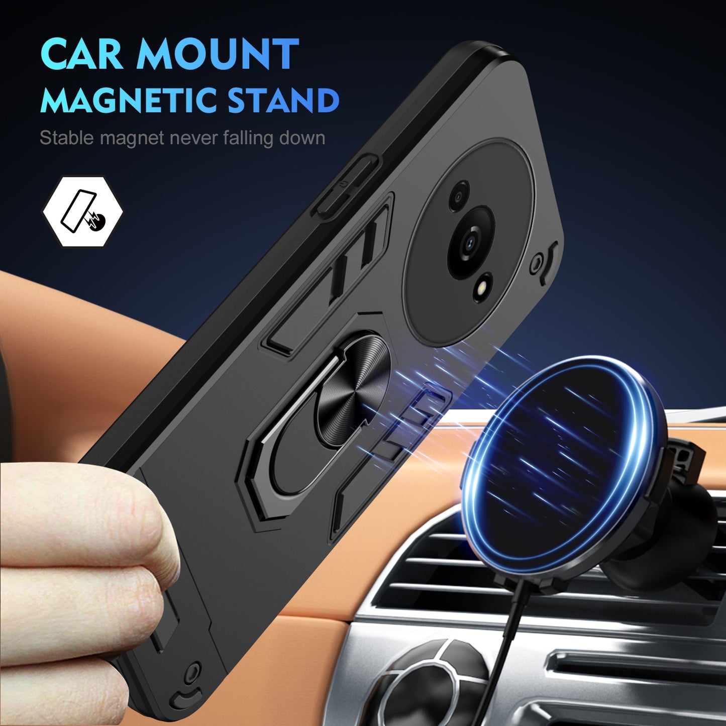 Xiaomi Redmi A3 Shockproof Metal Ring Holder Phone Case with 360 degrees Rotating Kickstand, Ultra Slim Protective Cover, Raised Camera Guard, PC Silicone Armour Shell, Anti-Scratch Back & Edge Protection