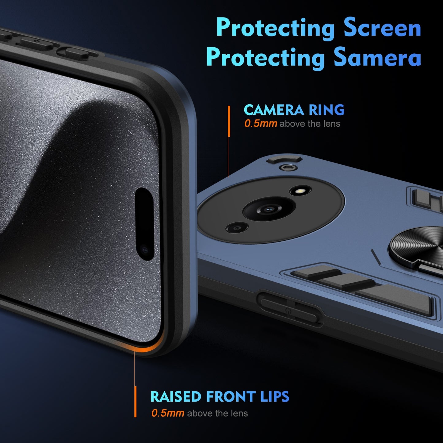 Xiaomi Redmi A3 Shockproof Metal Ring Holder Phone Case with 360 degrees Rotating Kickstand, Ultra Slim Protective Cover, Raised Camera Guard, PC Silicone Armour Shell, Anti-Scratch Back & Edge Protection