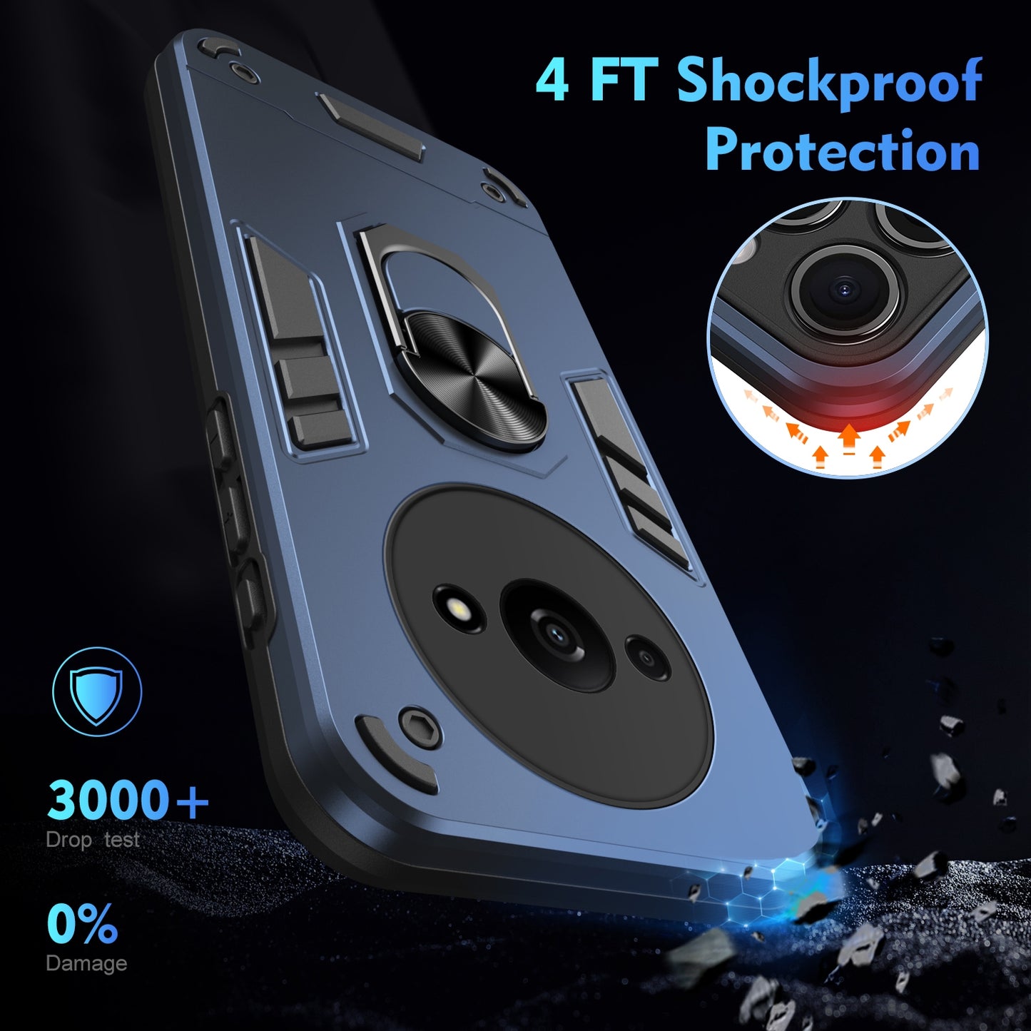Xiaomi Redmi A3 Shockproof Metal Ring Holder Phone Case with 360 degrees Rotating Kickstand, Ultra Slim Protective Cover, Raised Camera Guard, PC Silicone Armour Shell, Anti-Scratch Back & Edge Protection