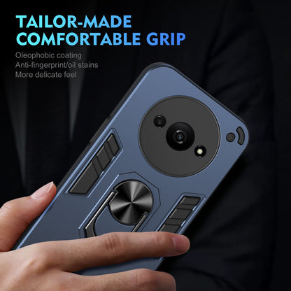 Xiaomi Redmi A3 Shockproof Metal Ring Holder Phone Case with 360 degrees Rotating Kickstand, Ultra Slim Protective Cover, Raised Camera Guard, PC Silicone Armour Shell, Anti-Scratch Back & Edge Protection