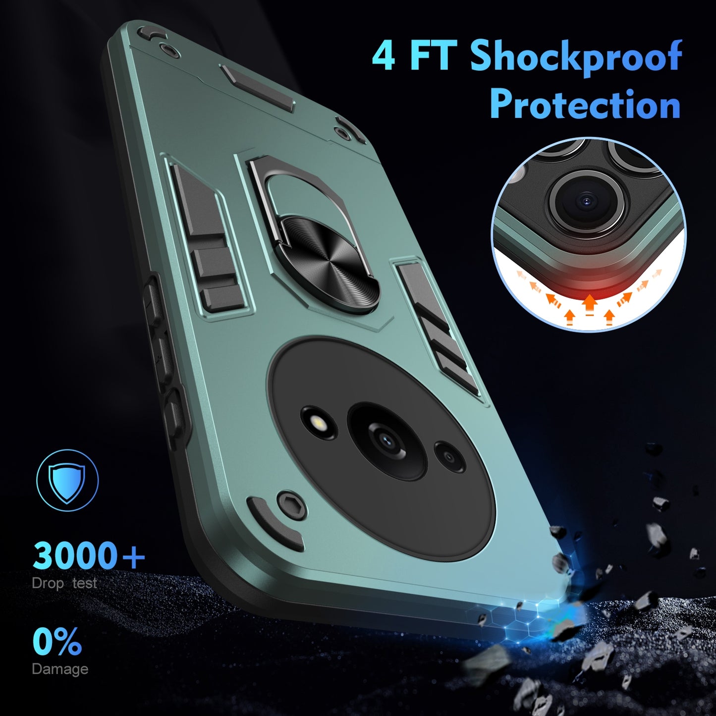 Xiaomi Redmi A3 Shockproof Metal Ring Holder Phone Case with 360 degrees Rotating Kickstand, Ultra Slim Protective Cover, Raised Camera Guard, PC Silicone Armour Shell, Anti-Scratch Back & Edge Protection