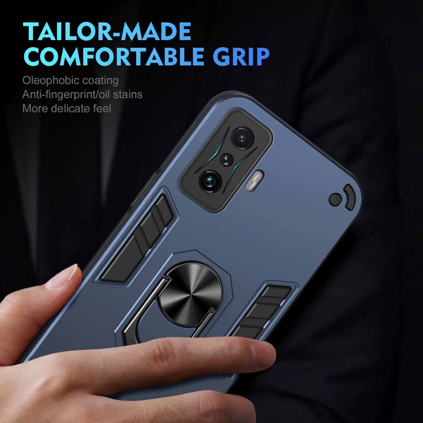 Xiaomi Redmi K50 Gaming Shockproof Metal Ring Holder Phone Case with 360 degrees Rotating Kickstand, Ultra Slim Protective Cover, Raised Camera Guard, PC Silicone Armour Shell, Anti-Scratch Back & Edge Protection