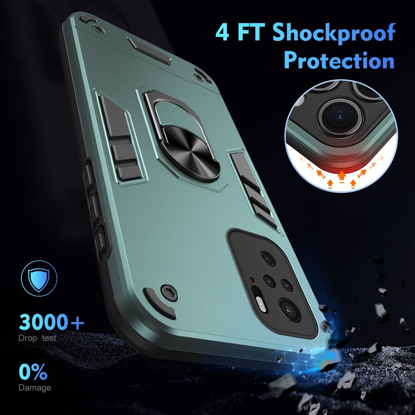 Xiaomi Redmi Note 10 4G Shockproof Metal Ring Holder Phone Case with 360 degrees Rotating Kickstand, Ultra Slim Protective Cover, Raised Camera Guard, PC Silicone Armour Shell, Anti-Scratch Back & Edge Protection