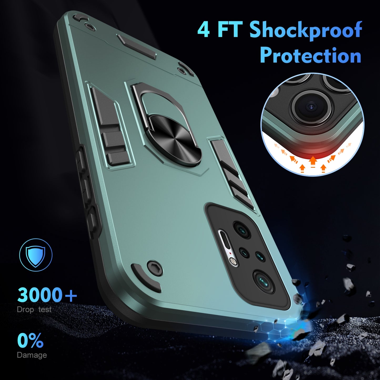 Xiaomi Redmi Note 10 Pro 4G Shockproof Metal Ring Holder Phone Case with 360 degrees Rotating Kickstand, Ultra Slim Protective Cover, Raised Camera Guard, PC Silicone Armour Shell, Anti-Scratch Back & Edge Protection