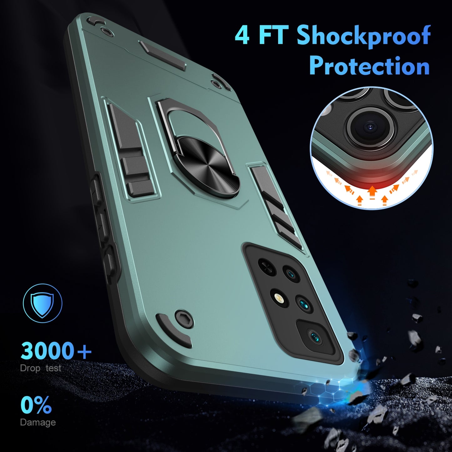Xiaomi Redmi Note 11 4G Shockproof Metal Ring Holder Phone Case with 360 degrees Rotating Kickstand, Ultra Slim Protective Cover, Raised Camera Guard, PC Silicone Armour Shell, Anti-Scratch Back & Edge Protection