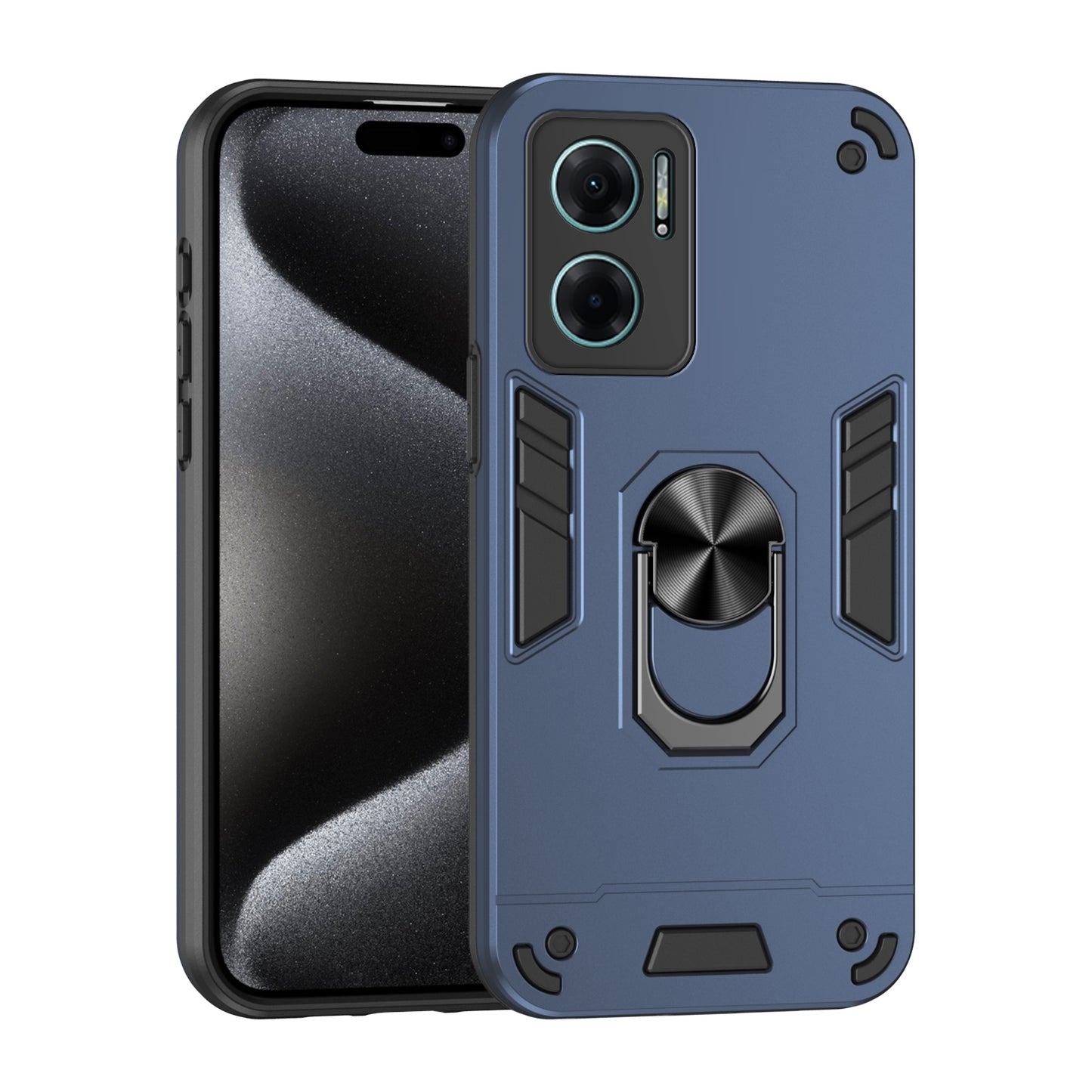Xiaomi Redmi Note 11E Shockproof Metal Ring Holder Phone Case with 360 degrees Rotating Kickstand, Ultra Slim Protective Cover, Raised Camera Guard, PC Silicone Armour Shell, Anti-Scratch Back & Edge Protection