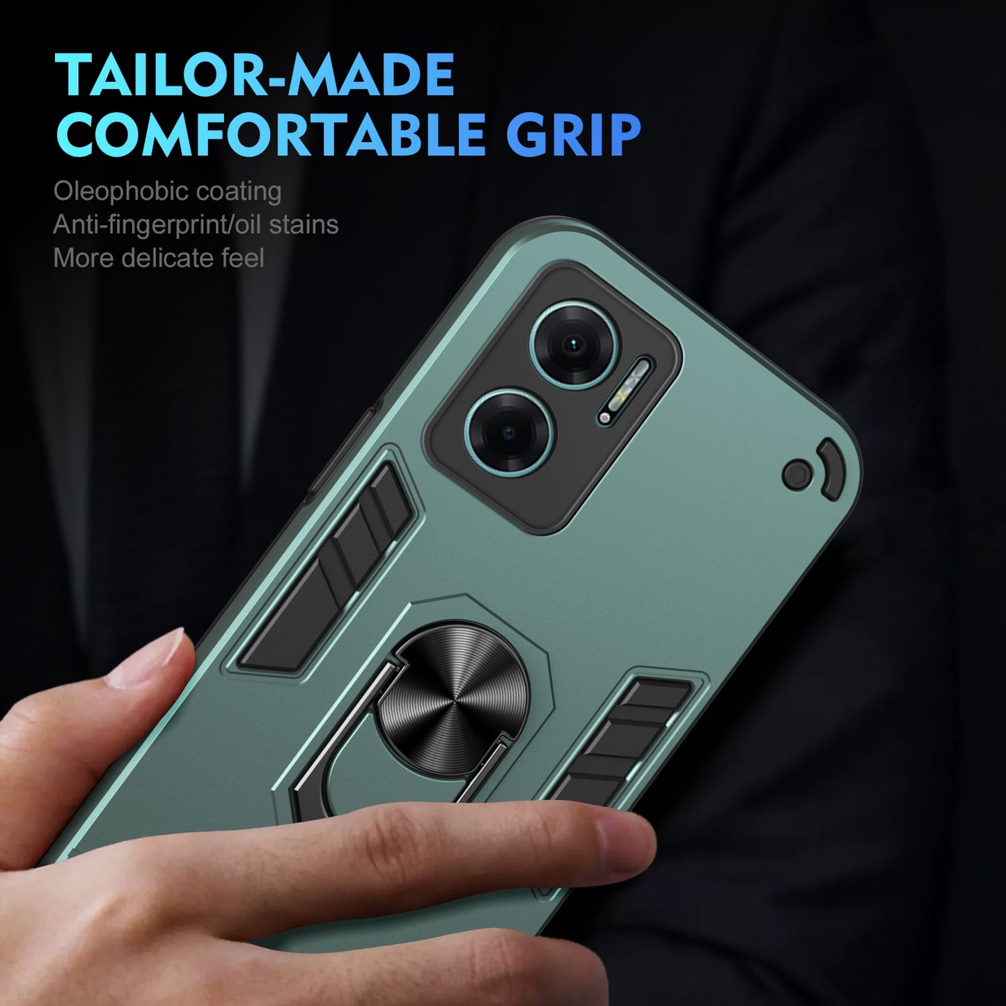 Xiaomi Redmi Note 11E Shockproof Metal Ring Holder Phone Case with 360 degrees Rotating Kickstand, Ultra Slim Protective Cover, Raised Camera Guard, PC Silicone Armour Shell, Anti-Scratch Back & Edge Protection