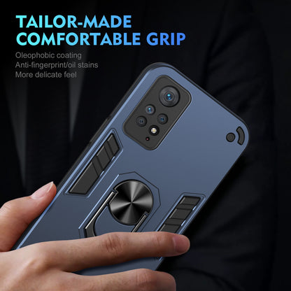 Xiaomi Redmi Note 11 Pro 4G Shockproof Metal Ring Holder Phone Case with 360 degrees Rotating Kickstand, Ultra Slim Protective Cover, Raised Camera Guard, PC Silicone Armour Shell, Anti-Scratch Back & Edge Protection