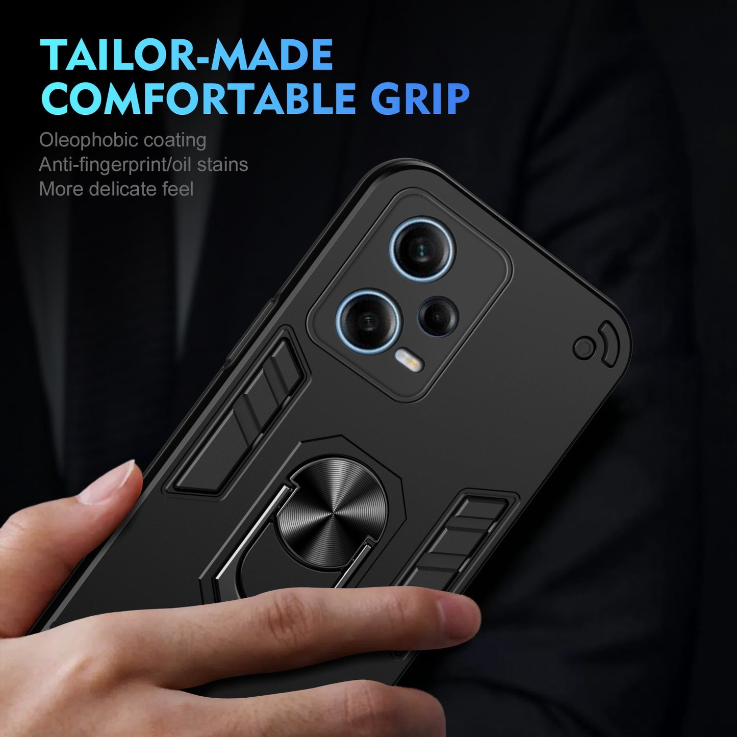 Xiaomi Redmi Note 12 Pro Shockproof Metal Ring Holder Phone Case with 360 degrees Rotating Kickstand, Ultra Slim Protective Cover, Raised Camera Guard, PC Silicone Armour Shell, Anti-Scratch Back & Edge Protection