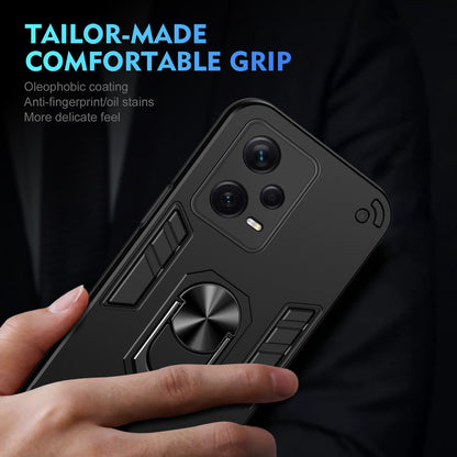 Xiaomi Redmi Note 12 Pro+ Shockproof Metal Ring Holder Phone Case with 360 degrees Rotating Kickstand, Ultra Slim Protective Cover, Raised Camera Guard, PC Silicone Armour Shell, Anti-Scratch Back & Edge Protection