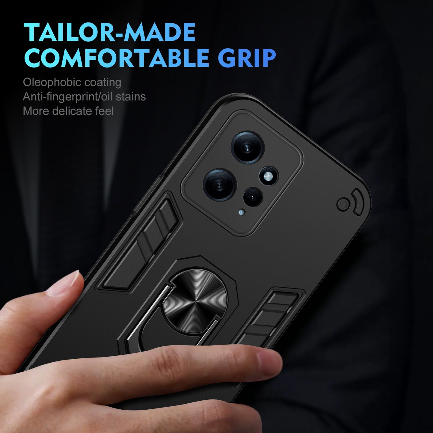 Xiaomi Redmi Note 12 4G Shockproof Metal Ring Holder Phone Case with 360 degrees Rotating Kickstand, Ultra Slim Protective Cover, Raised Camera Guard, PC Silicone Armour Shell, Anti-Scratch Back & Edge Protection