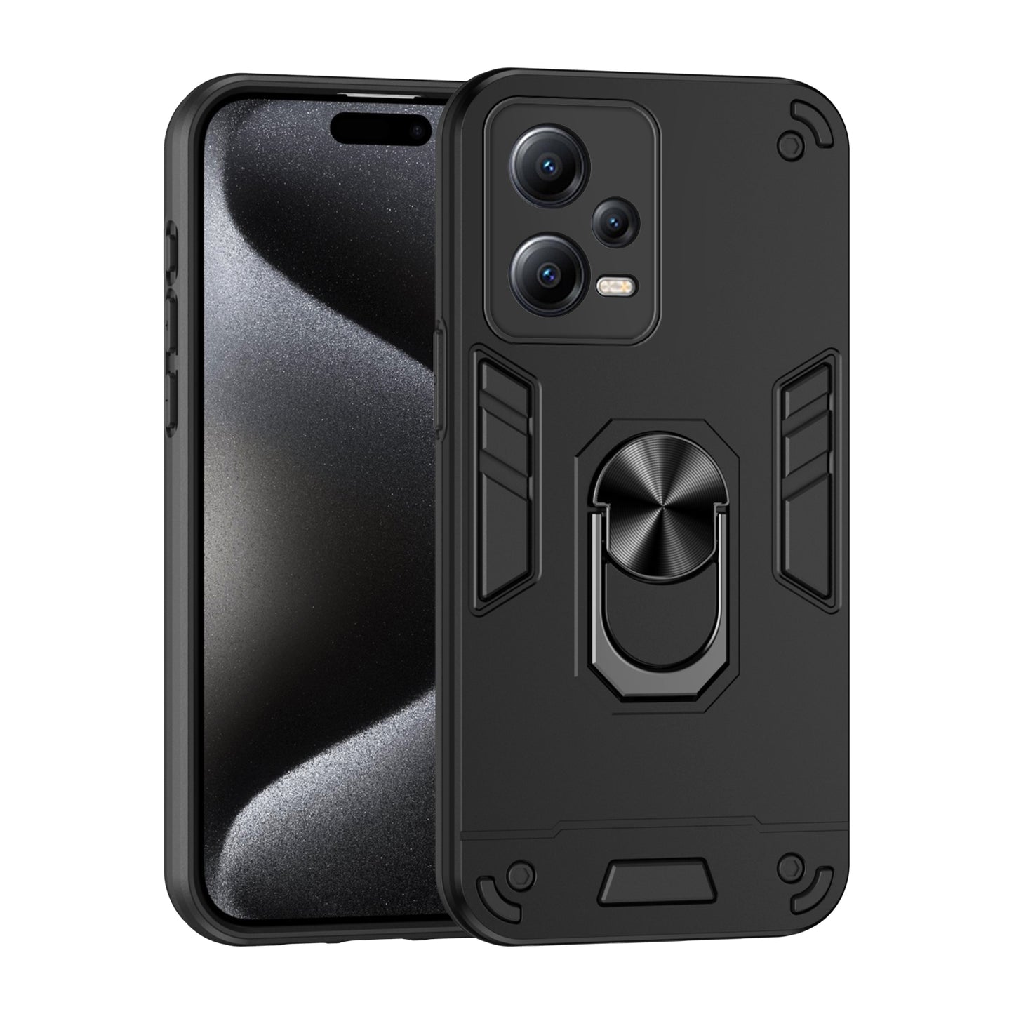 Xiaomi Redmi Note 12 5G Shockproof Metal Ring Holder Phone Case with 360 degrees Rotating Kickstand, Ultra Slim Protective Cover, Raised Camera Guard, PC Silicone Armour Shell, Anti-Scratch Back & Edge Protection