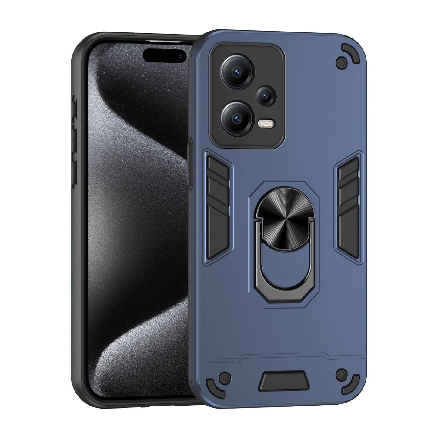 Xiaomi Redmi Note 12 5G Shockproof Metal Ring Holder Phone Case with 360 degrees Rotating Kickstand, Ultra Slim Protective Cover, Raised Camera Guard, PC Silicone Armour Shell, Anti-Scratch Back & Edge Protection