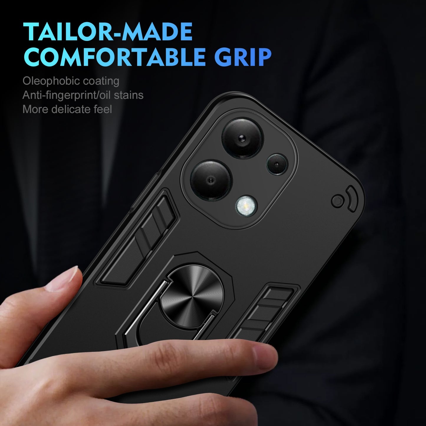 Xiaomi Redmi Note 13 Pro 4G Shockproof Metal Ring Holder Phone Case with 360 degrees Rotating Kickstand, Ultra Slim Protective Cover, Raised Camera Guard, PC Silicone Armour Shell, Anti-Scratch Back & Edge Protection