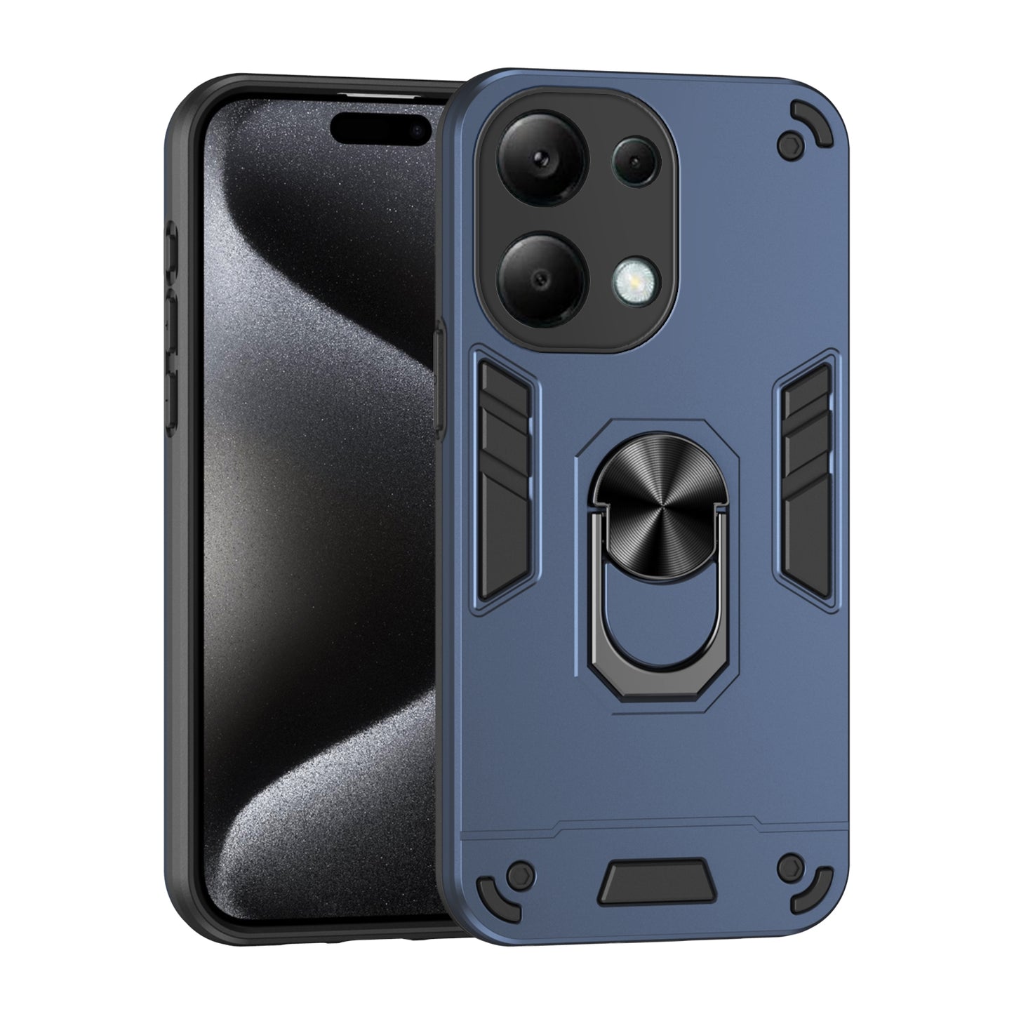 Xiaomi Redmi Note 13 Pro 4G Shockproof Metal Ring Holder Phone Case with 360 degrees Rotating Kickstand, Ultra Slim Protective Cover, Raised Camera Guard, PC Silicone Armour Shell, Anti-Scratch Back & Edge Protection