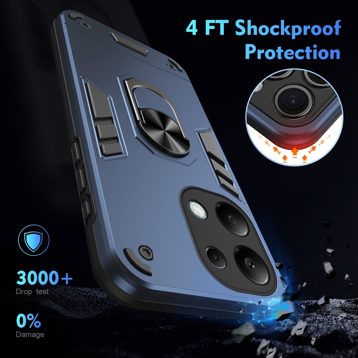 Xiaomi Redmi Note 13 Pro 4G Shockproof Metal Ring Holder Phone Case with 360 degrees Rotating Kickstand, Ultra Slim Protective Cover, Raised Camera Guard, PC Silicone Armour Shell, Anti-Scratch Back & Edge Protection