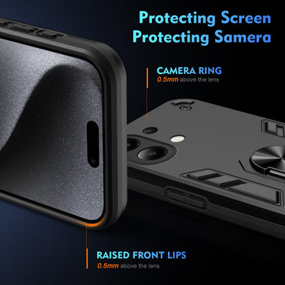 Xiaomi Redmi Note 13 4G Shockproof Metal Ring Holder Phone Case with 360 degrees Rotating Kickstand, Ultra Slim Protective Cover, Raised Camera Guard, PC Silicone Armour Shell, Anti-Scratch Back & Edge Protection