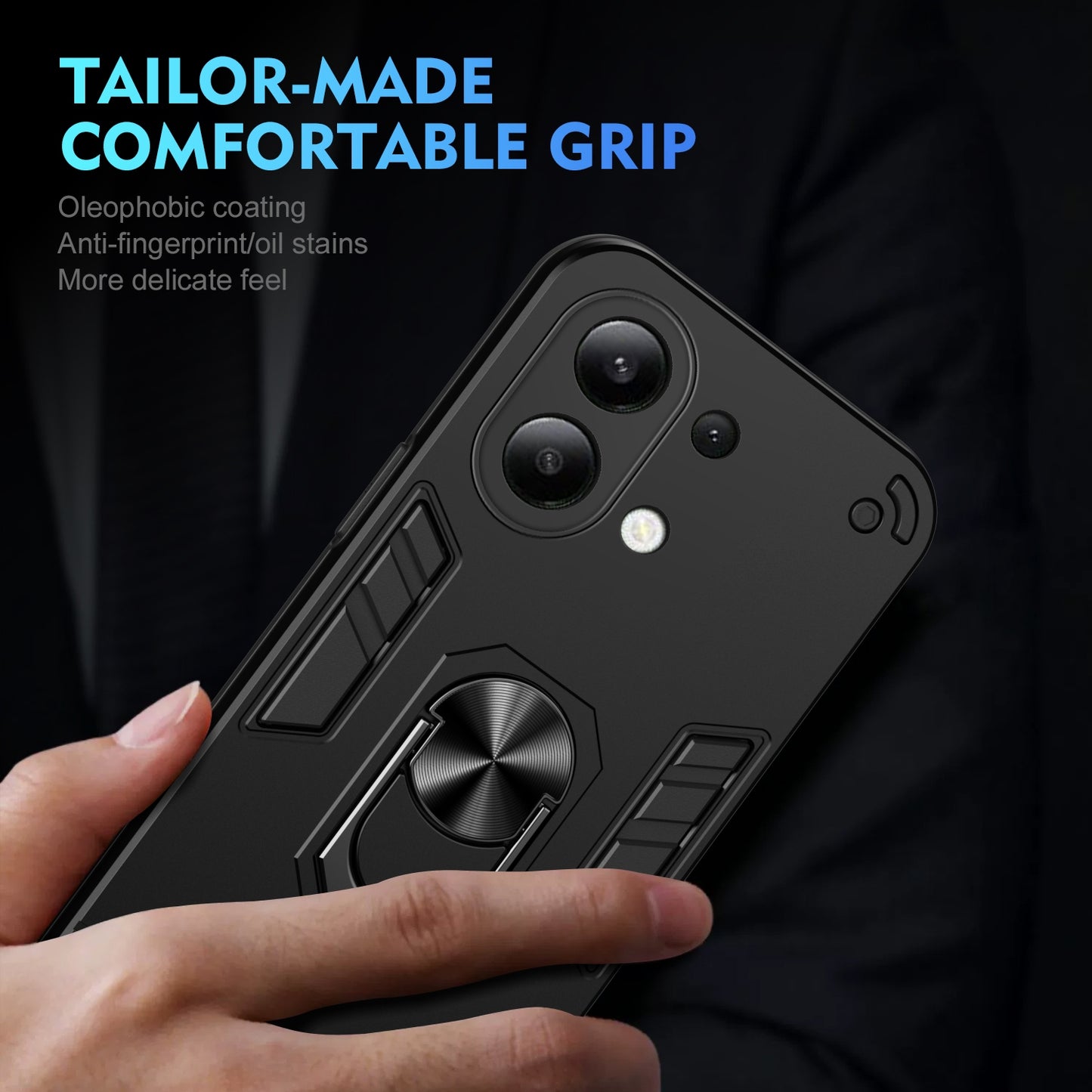 Xiaomi Redmi Note 13 4G Shockproof Metal Ring Holder Phone Case with 360 degrees Rotating Kickstand, Ultra Slim Protective Cover, Raised Camera Guard, PC Silicone Armour Shell, Anti-Scratch Back & Edge Protection