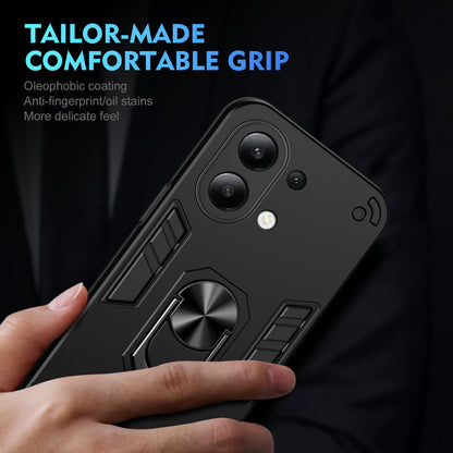 Xiaomi Redmi Note 13 4G Shockproof Metal Ring Holder Phone Case with 360 degrees Rotating Kickstand, Ultra Slim Protective Cover, Raised Camera Guard, PC Silicone Armour Shell, Anti-Scratch Back & Edge Protection