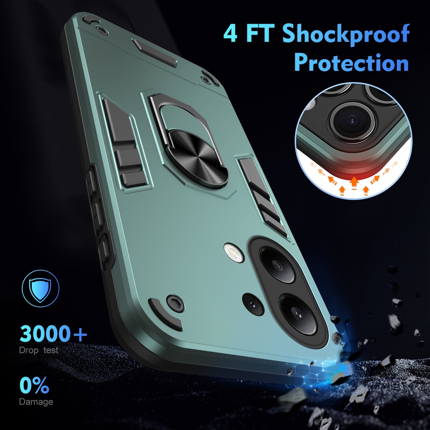 Xiaomi Redmi Note 13 4G Shockproof Metal Ring Holder Phone Case with 360 degrees Rotating Kickstand, Ultra Slim Protective Cover, Raised Camera Guard, PC Silicone Armour Shell, Anti-Scratch Back & Edge Protection