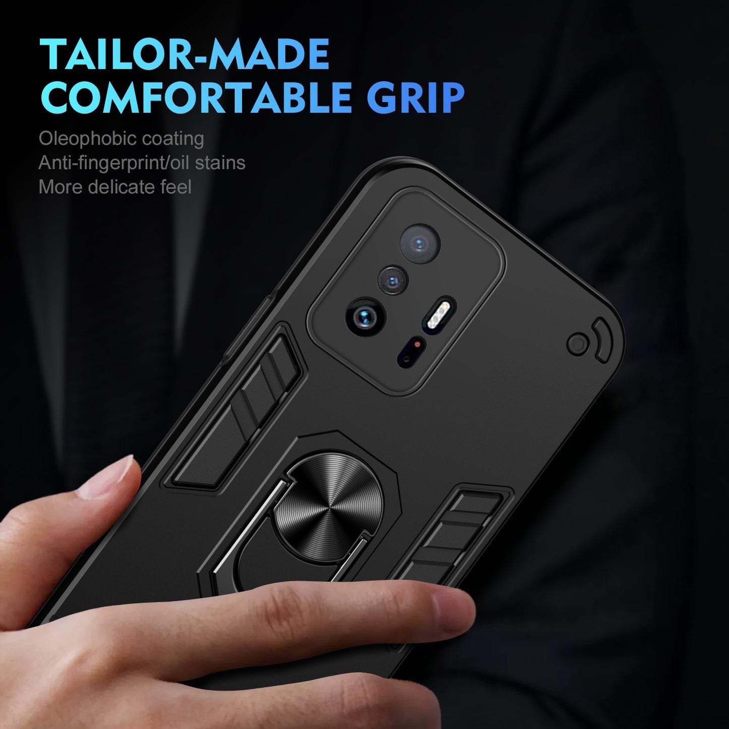 Xiaomi 11T Shockproof Metal Ring Holder Phone Case with 360 degrees Rotating Kickstand, Ultra Slim Protective Cover, Raised Camera Guard, PC Silicone Armour Shell, Anti-Scratch Back & Edge Protection