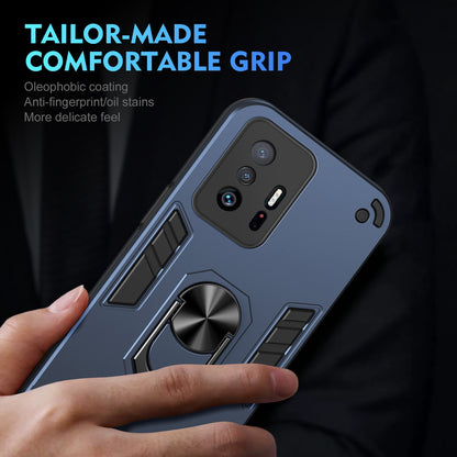 Xiaomi 11T Shockproof Metal Ring Holder Phone Case with 360 degrees Rotating Kickstand, Ultra Slim Protective Cover, Raised Camera Guard, PC Silicone Armour Shell, Anti-Scratch Back & Edge Protection