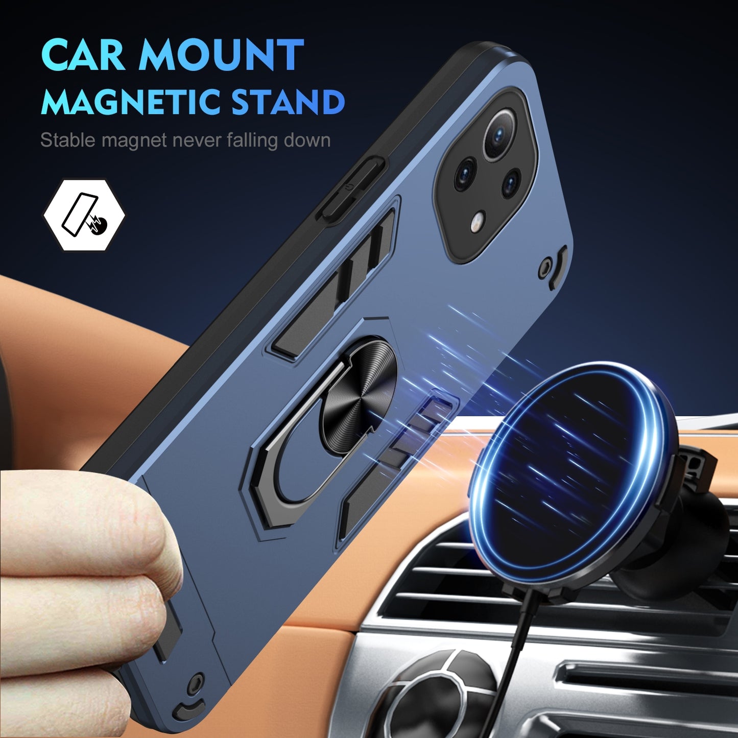 Xiaomi Mi 11 Lite Shockproof Metal Ring Holder Phone Case with 360 degrees Rotating Kickstand, Ultra Slim Protective Cover, Raised Camera Guard, PC Silicone Armour Shell, Anti-Scratch Back & Edge Protection