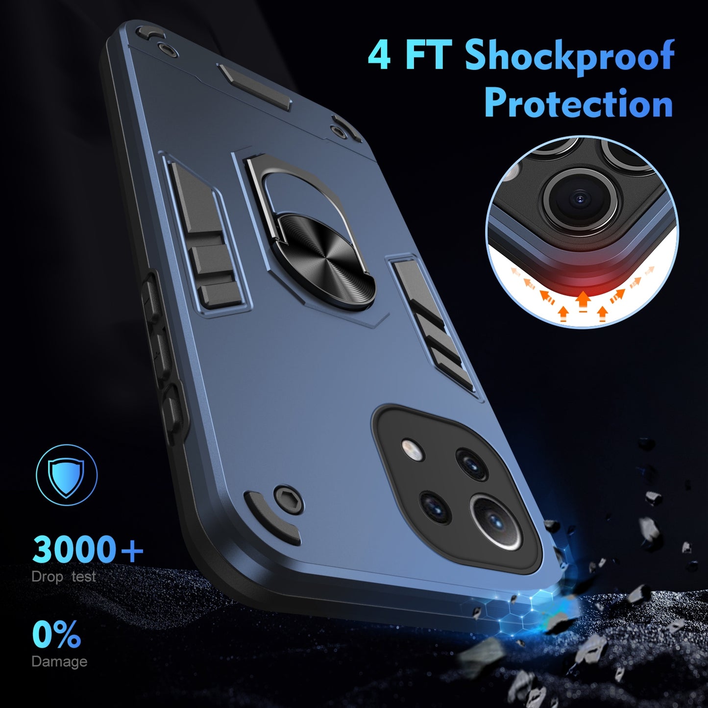 Xiaomi Mi 11 Lite Shockproof Metal Ring Holder Phone Case with 360 degrees Rotating Kickstand, Ultra Slim Protective Cover, Raised Camera Guard, PC Silicone Armour Shell, Anti-Scratch Back & Edge Protection