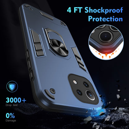 Xiaomi Mi 11 Lite Shockproof Metal Ring Holder Phone Case with 360 degrees Rotating Kickstand, Ultra Slim Protective Cover, Raised Camera Guard, PC Silicone Armour Shell, Anti-Scratch Back & Edge Protection
