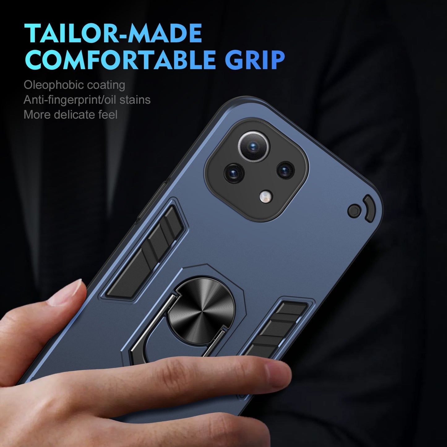 Xiaomi Mi 11 Lite Shockproof Metal Ring Holder Phone Case with 360 degrees Rotating Kickstand, Ultra Slim Protective Cover, Raised Camera Guard, PC Silicone Armour Shell, Anti-Scratch Back & Edge Protection
