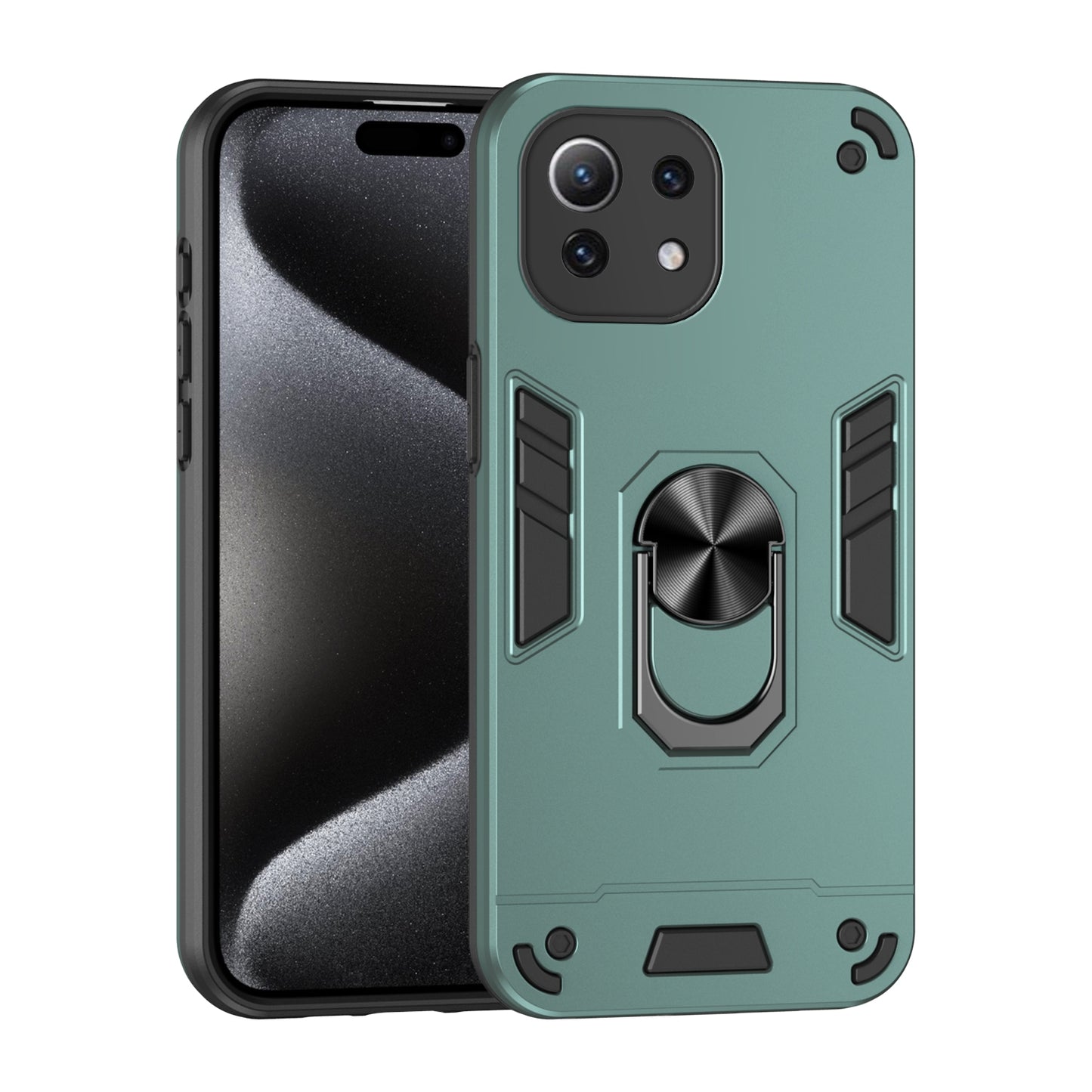 Xiaomi Mi 11 Lite Shockproof Metal Ring Holder Phone Case with 360 degrees Rotating Kickstand, Ultra Slim Protective Cover, Raised Camera Guard, PC Silicone Armour Shell, Anti-Scratch Back & Edge Protection