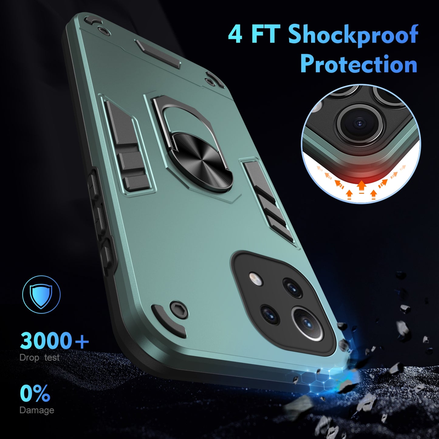 Xiaomi Mi 11 Lite Shockproof Metal Ring Holder Phone Case with 360 degrees Rotating Kickstand, Ultra Slim Protective Cover, Raised Camera Guard, PC Silicone Armour Shell, Anti-Scratch Back & Edge Protection