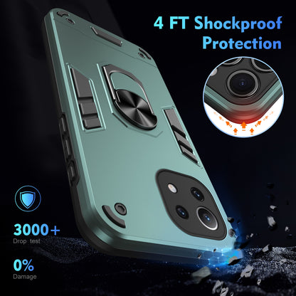 Xiaomi Mi 11 Lite Shockproof Metal Ring Holder Phone Case with 360 degrees Rotating Kickstand, Ultra Slim Protective Cover, Raised Camera Guard, PC Silicone Armour Shell, Anti-Scratch Back & Edge Protection