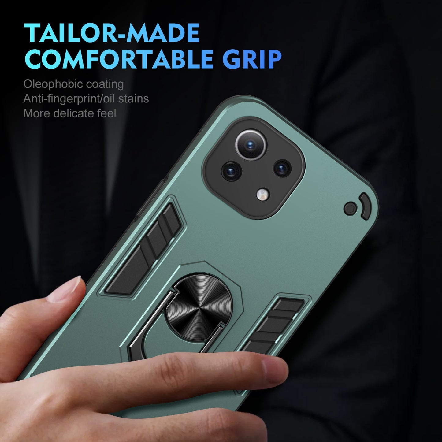Xiaomi Mi 11 Lite Shockproof Metal Ring Holder Phone Case with 360 degrees Rotating Kickstand, Ultra Slim Protective Cover, Raised Camera Guard, PC Silicone Armour Shell, Anti-Scratch Back & Edge Protection