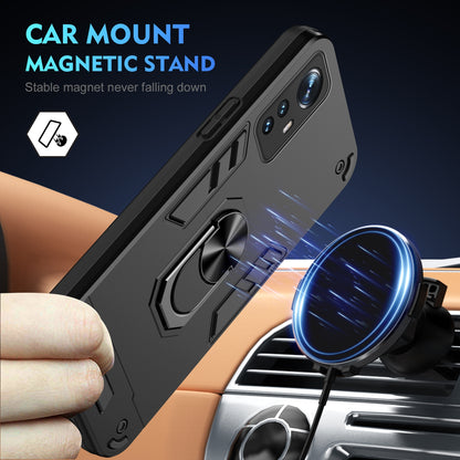 Xiaomi 12 Shockproof Metal Ring Holder Phone Case with 360 degrees Rotating Kickstand, Ultra Slim Protective Cover, Raised Camera Guard, PC Silicone Armour Shell, Anti-Scratch Back & Edge Protection