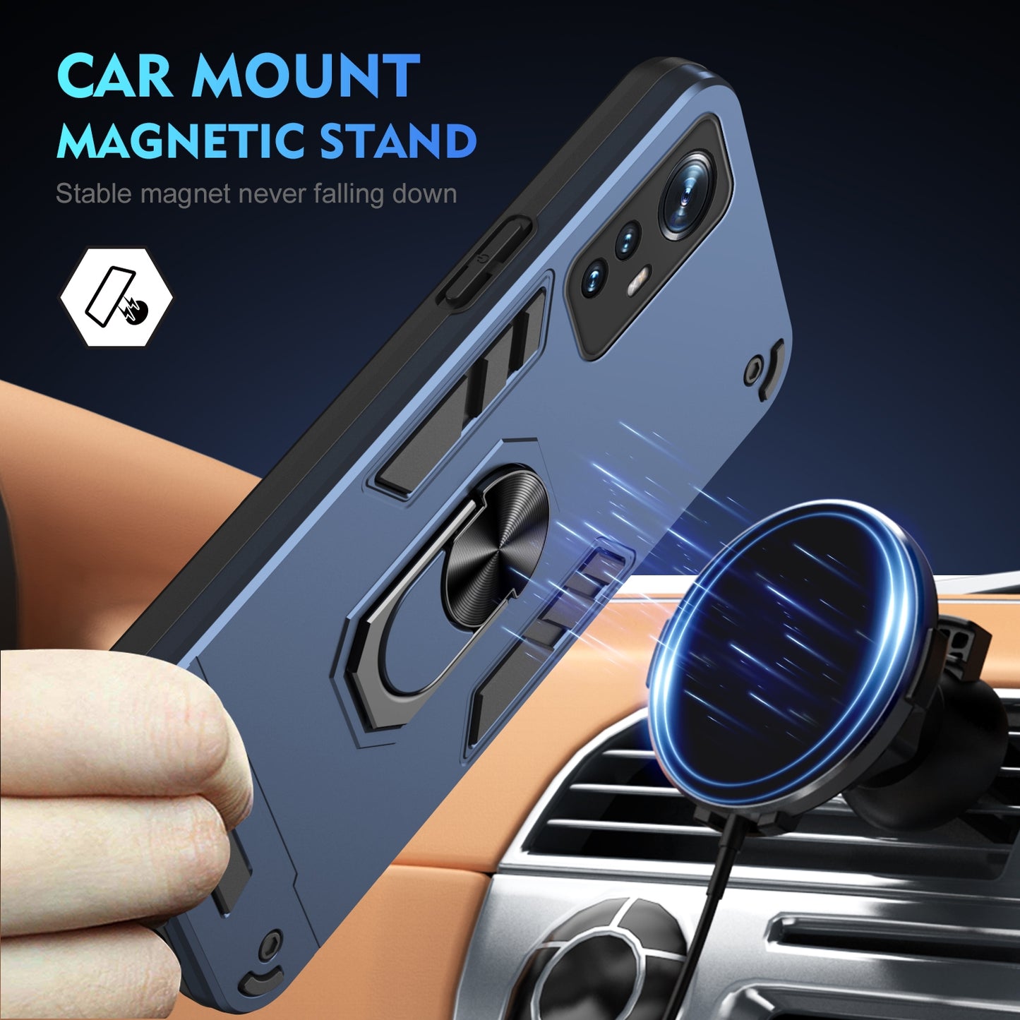 Xiaomi 12 Shockproof Metal Ring Holder Phone Case with 360 degrees Rotating Kickstand, Ultra Slim Protective Cover, Raised Camera Guard, PC Silicone Armour Shell, Anti-Scratch Back & Edge Protection