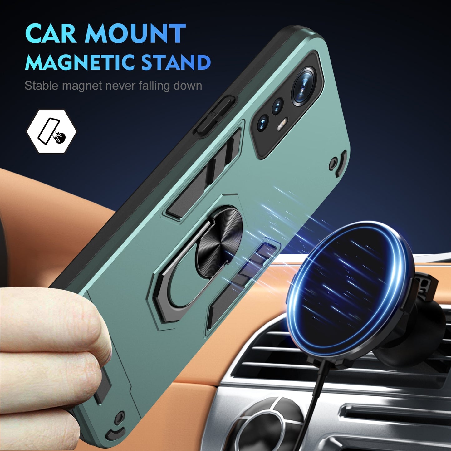 Xiaomi 12 Shockproof Metal Ring Holder Phone Case with 360 degrees Rotating Kickstand, Ultra Slim Protective Cover, Raised Camera Guard, PC Silicone Armour Shell, Anti-Scratch Back & Edge Protection
