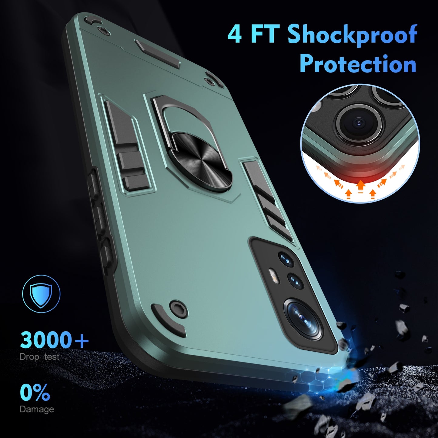 Xiaomi 12 Shockproof Metal Ring Holder Phone Case with 360 degrees Rotating Kickstand, Ultra Slim Protective Cover, Raised Camera Guard, PC Silicone Armour Shell, Anti-Scratch Back & Edge Protection